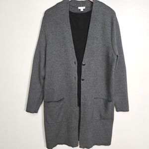 J Jill Long Sweater Jacket Large Dark Gray Knit Cardigan Button Up Pockets